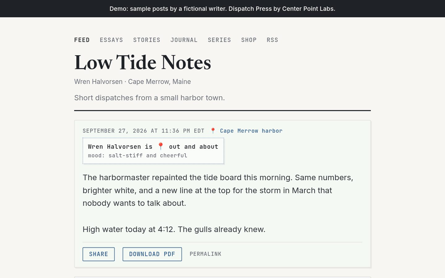Low Tide Notes, the Dispatch Press demo site